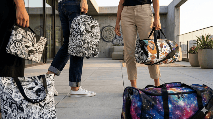 Group holding TBP Bitcoin bags, backpacks, and duffles on a sunlit rooftop.
