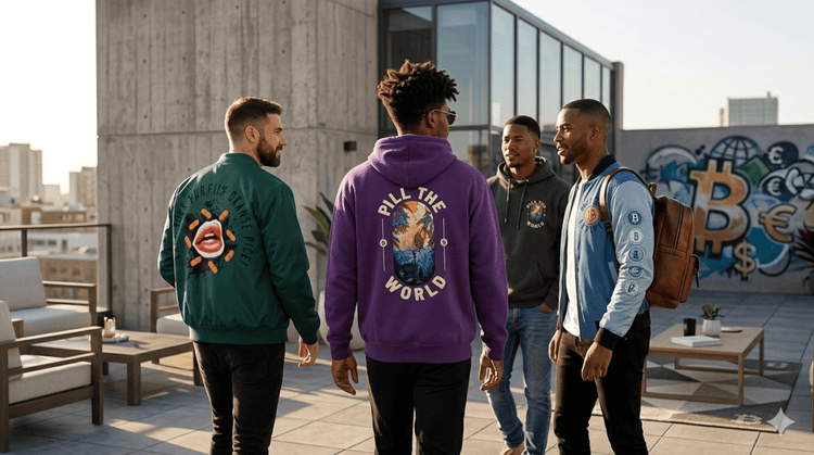 Four men on a sunlit rooftop wearing TBP men's Bitcoin streetwear hoodies and jackets.
