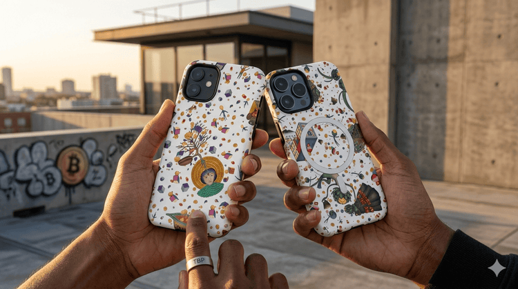 Two hands holding TBP Bitcoin phone cases on a rooftop at sunset.
