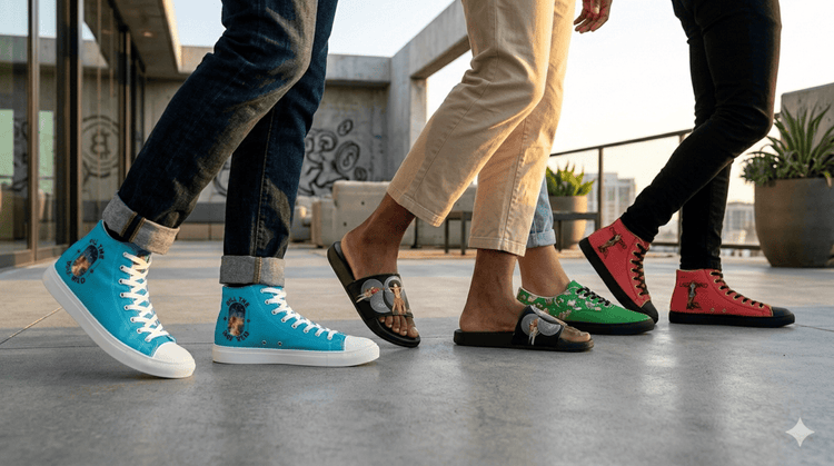 Close-up of TBP Bitcoin canvas shoes and slides on a sunlit rooftop.